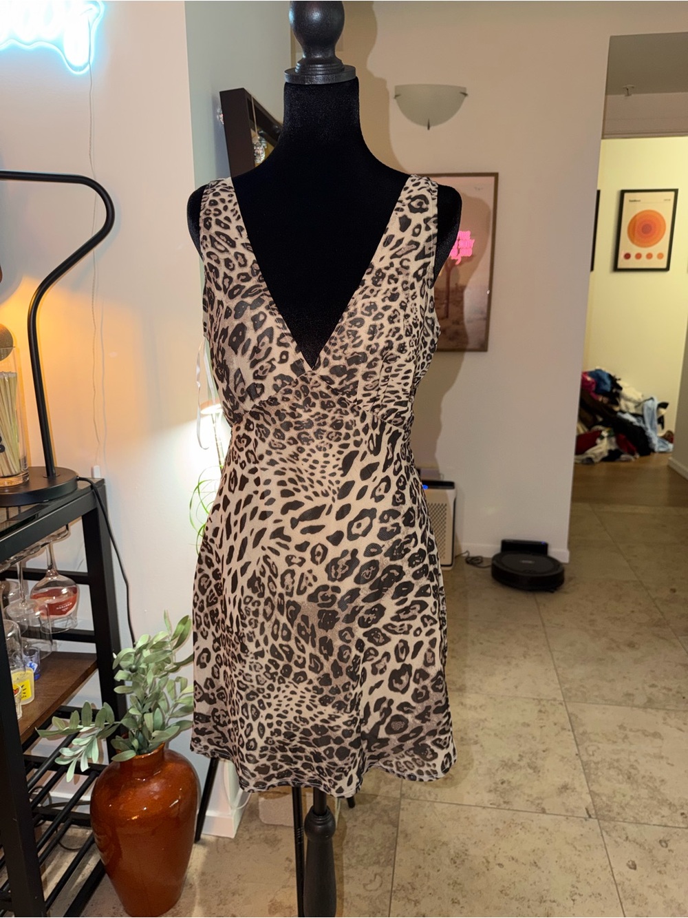 PRINCESS POLLY Sleeveless Leopard Print V-Neck Mini Dress - Beige/Black